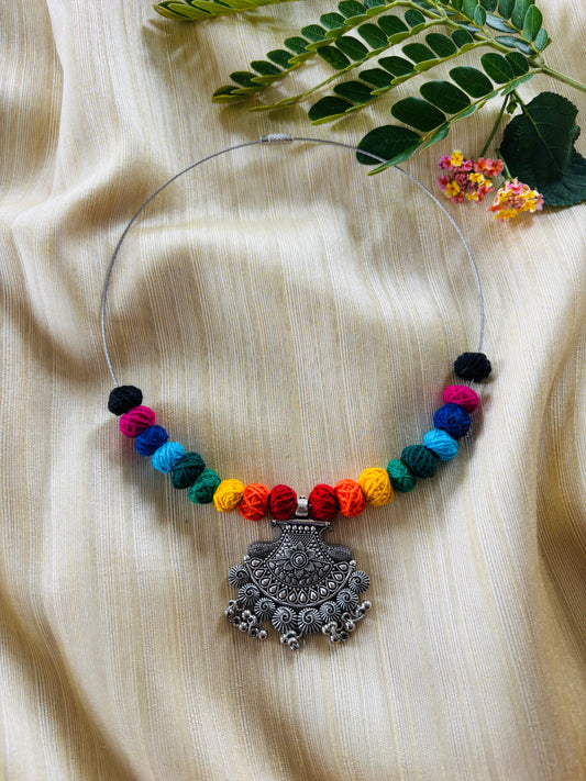 Multicolor Choker with Silver Pendant